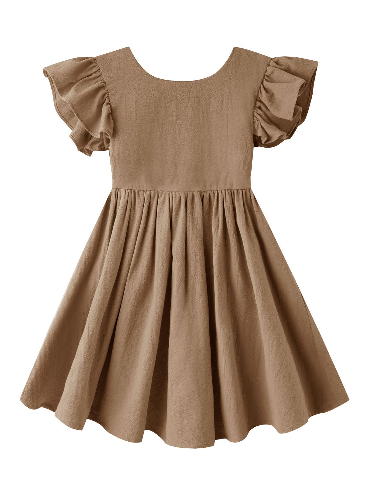 Dutebare Toddler Girls Linen Dress Backless Ruffled Sleeve Casual Summer Sundress 823 Brown 80