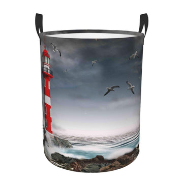 Pevtufa 3d Lighthouse In The Surf Foldable Laundry Basket Organizer,Fabric Clothes Toy Storage Basket Nursery Hamper Storage Bin