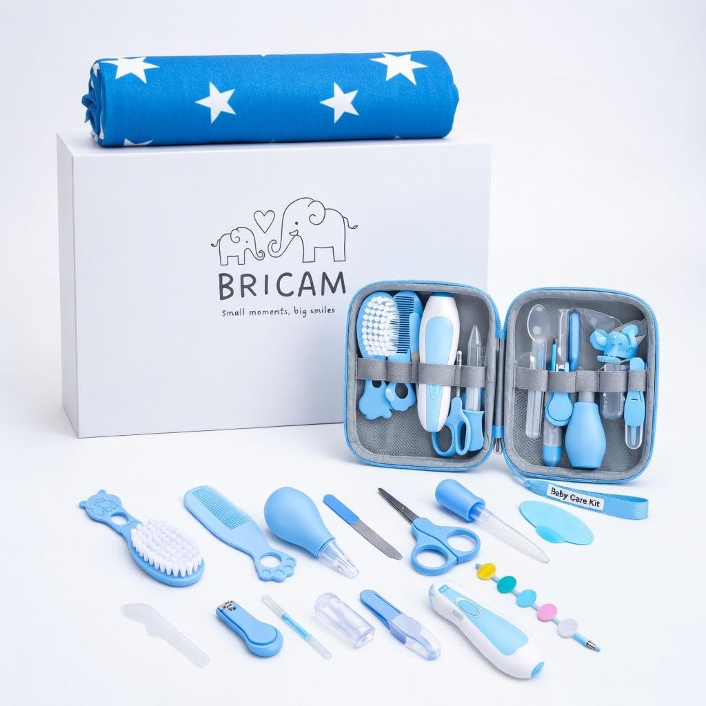 BRICAM Baby Grooming Kit  Newborn Essentials & Care Kit with Changing Mat, Brush, Comb, Clippers & Travel Case (Blue)