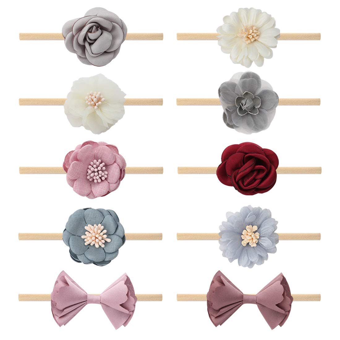Subesty Baby Girls Nylon Elastic Headband Soft Flower Hair Band For Toddler Infant Newborn Set Of 10