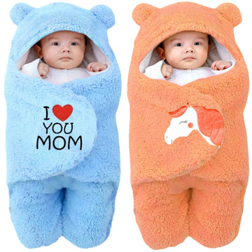 Swissberry Baby Blanket New Born Combo Pack of Hooded Swaddle Wrappers Security Blankets Pack of 2 Pc.(Peach & SkyBlue, 06 Mont