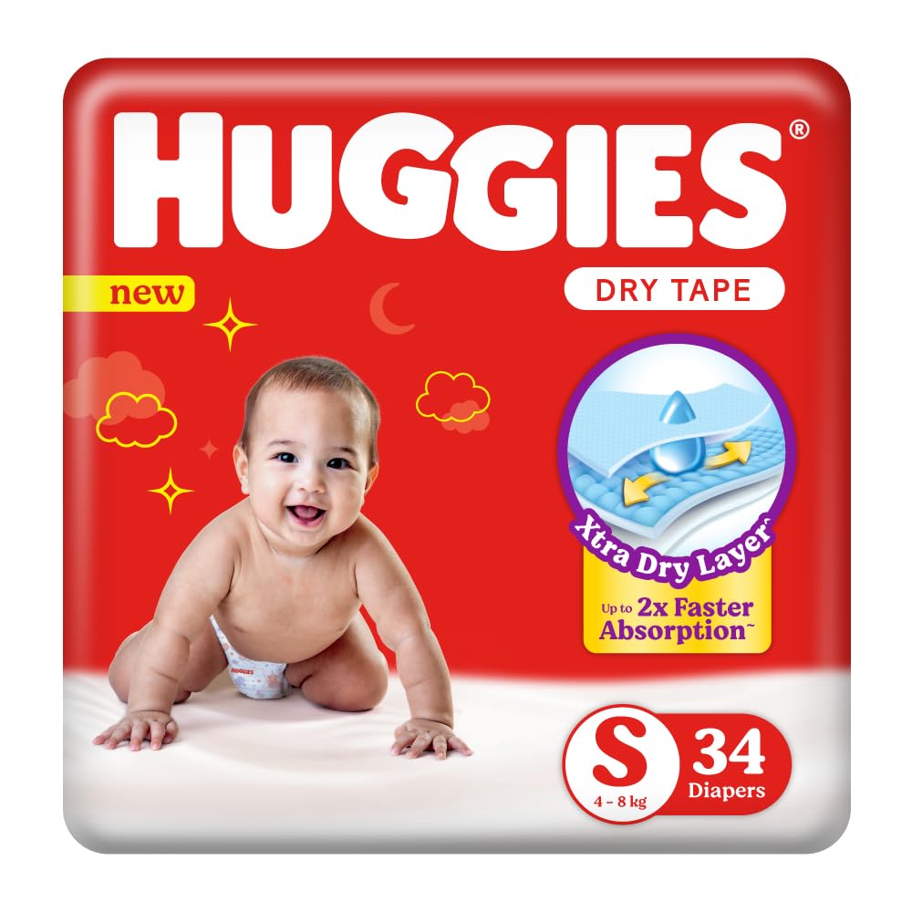 Huggies Dry Tape | Adjustable Tape Style Baby Diapers, Small (S) Size (48 Kgs), Pack Of 34 | Up To 2X Faster Absorption, Up To 
