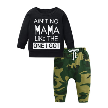 Eghunooy Toddler Baby Boy Long Sleeve Letters Printed Tops Camouflage Pants Leggings Outfits Clothes Set (6-9 Months)