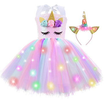 Zerostage Led Light Up Unicorn Girls' Costumes Birthday Halloween Christmas Party Decorations Kids Outfits Sequin Flower Princes