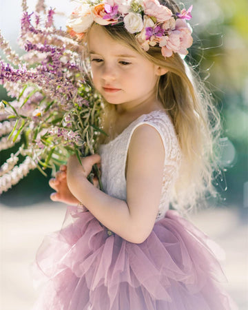 2Bunnies Girl Peony Lace Back A-Line Tiered Tutu Tulle Flower Girl Dress (Mauve Sleeveless Short, 12M)