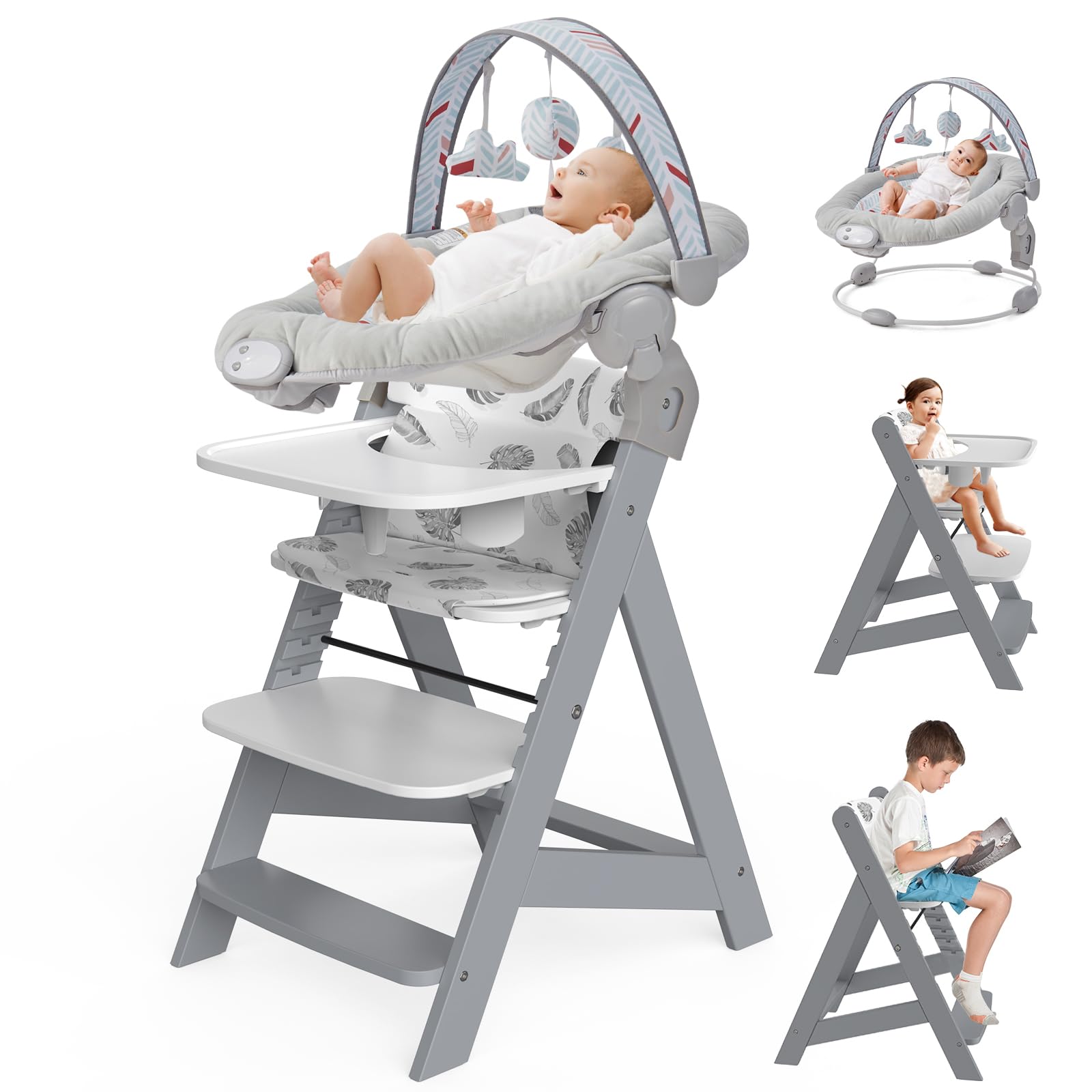 Wooden High Chair With Baby Bouncer - Convertible Baby Highchair With Tray - Adjustable High Chair For Babies/Toddlers/6 Months