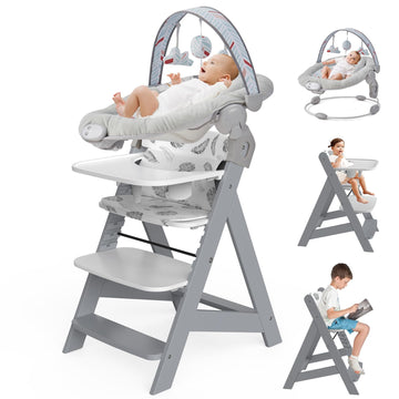 Wooden High Chair With Baby Bouncer - Convertible Baby Highchair With Tray - Adjustable High Chair For Babies/Toddlers/6 Months
