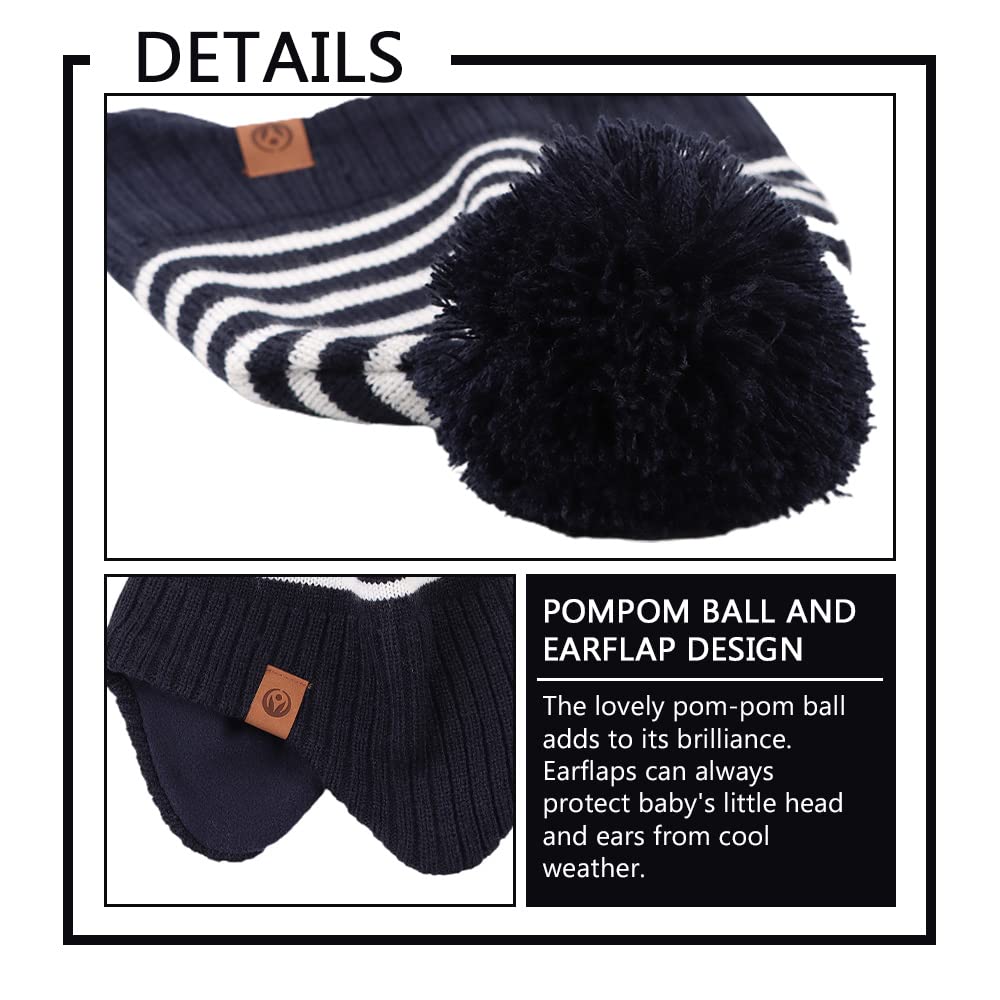 Jangannsa Knitted Baby Hat Scarf Set Winter Warm Boys Girls Beanie Fleece Lining Toddler Kids Hat With Pompom(Striped Navy(Hat+S