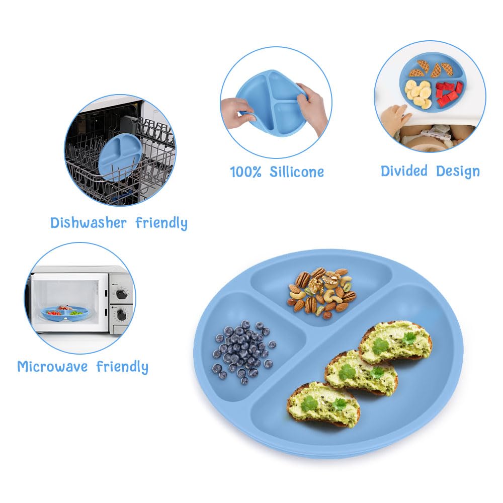 Vicloon Suction Plates, 2 Pcs Baby Toddler Plate Silicone, Bpa Free Divided Plate, Divided Plate Design,Silicone Grip Dish Micro