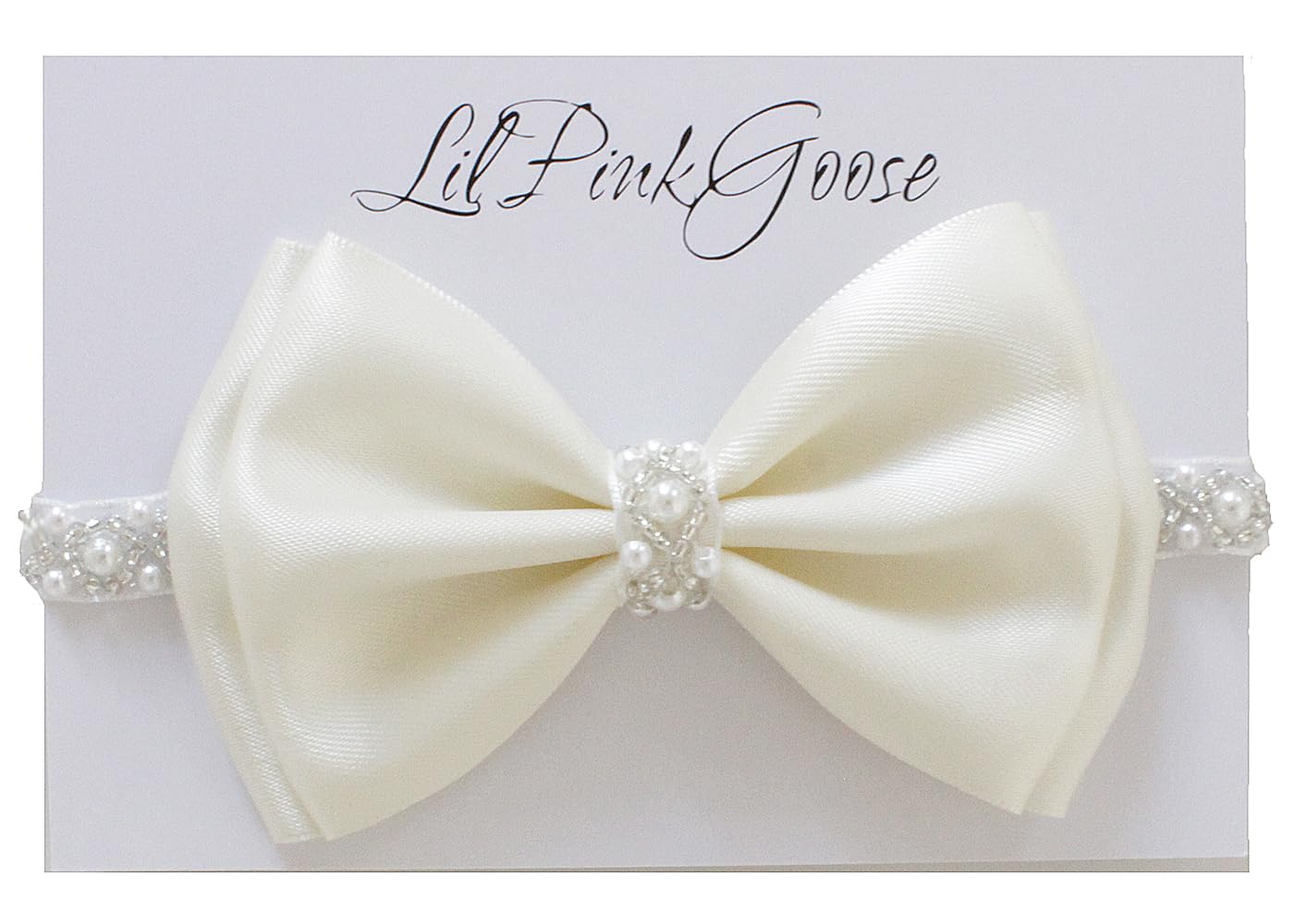 0-12 Newborn Baby Baptism Pearl Headband With Bow In White Christening Headband With Satin Bow, Pearl Rhinestone Band (Cream(3-6