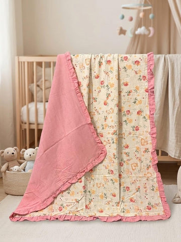 Baby Muslin Blanket with Ruffle Border, Dinosaur Print, Blue, Soft Cotton, Newborn Swaddle (BeigePink)