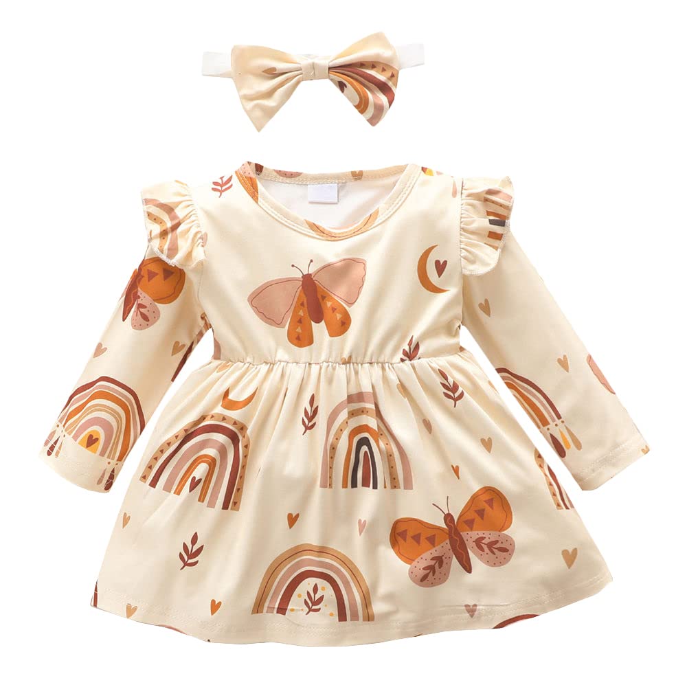 Hopscotch Baby Girl Polyester Printed AllOver Print FullSleeve Casual Dress With Headband In Beige Color For Ages 36 Months (