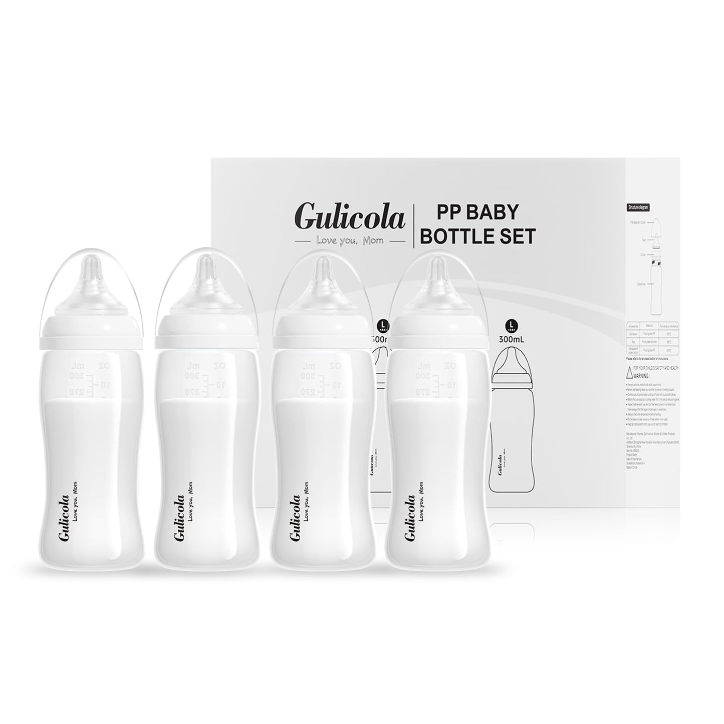 Gulicola PP Baby Bottles for Breastfed Babies, Fast Flow Nipples (L), 6 Months Plus, Wide Neck, BPA Free, 10 oz & 4 Pack - White