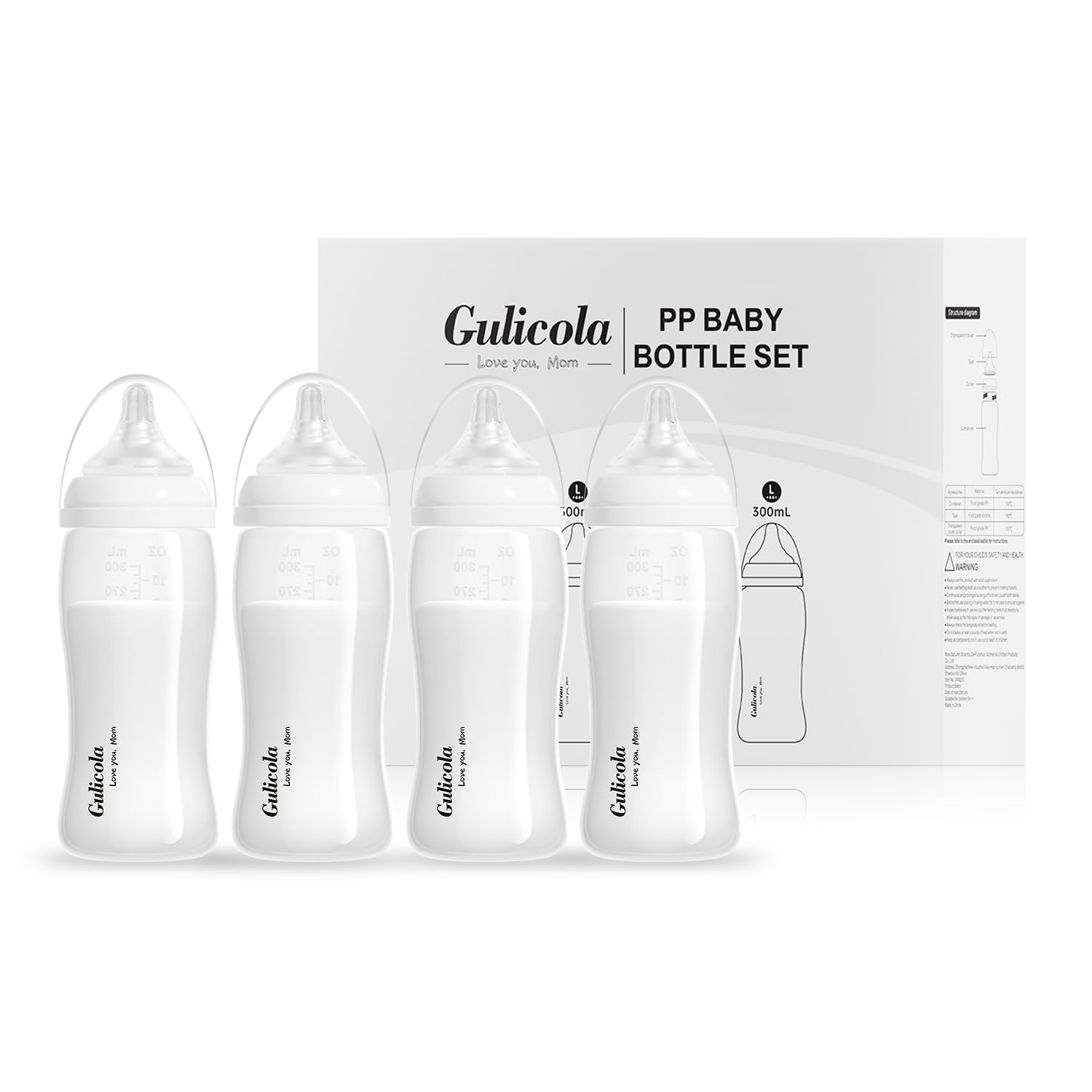 Gulicola PP Baby Bottles for Breastfed Babies, Fast Flow Nipples (L), 6 Months Plus, Wide Neck, BPA Free, 10 oz & 4 Pack - White