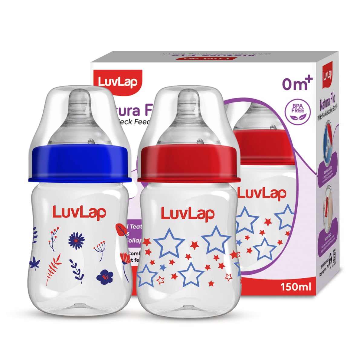 Luvlap AntiColic Wide Neck Natura Flo Baby Feeding Bottle, 150Ml (Pack Of 2), New Born/Infants/Toddler Upto 3 Years, Stars, Bpa