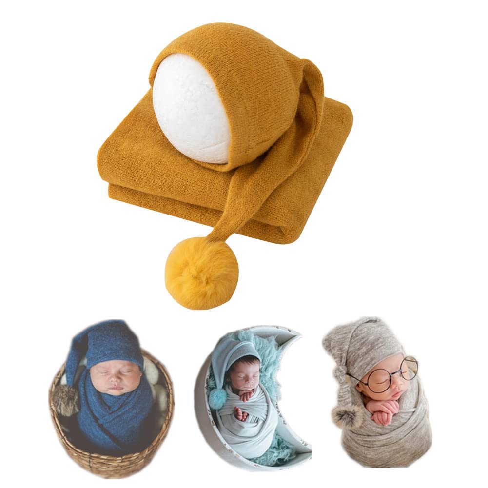 Vemonllas Fashion Cute Newborn Baby Photography Props Outfits Boy Girl Knitted Long Tail Hat With Wrap Blanket Set (Ginger Yello