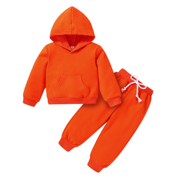Happy Town Toddler Fall Outfits For Girl Boy Long Sleeve Hoodie Top And Long Sweatpants Set Toddler Sweatsuit (Solid Color-Orang