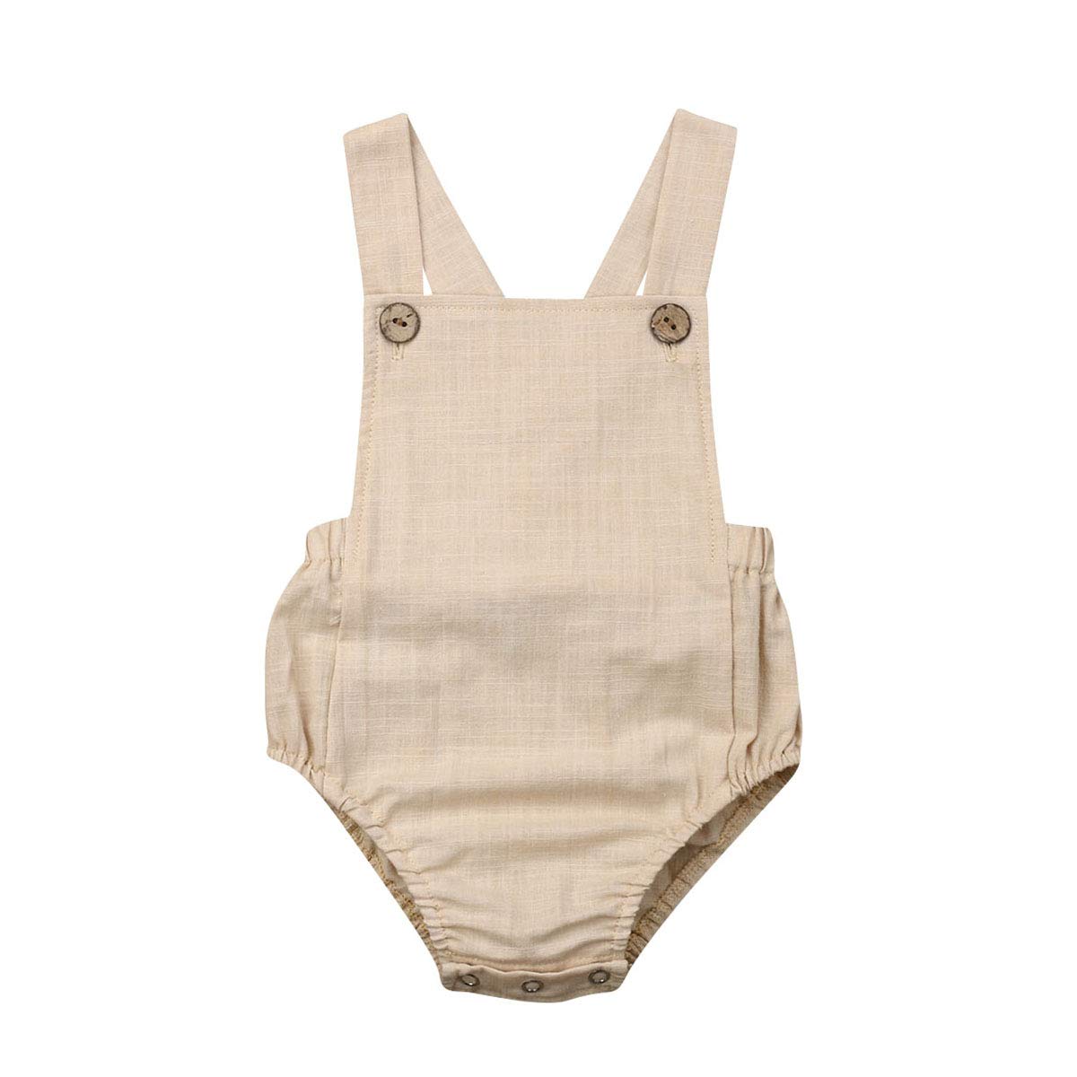 Lopjgh Newborn Baby Summer Romper Unisex Solid Color Button Jumpsuit Sleeveless Backless Overalls Outfits 1Pcs (0-3 Months, Khak