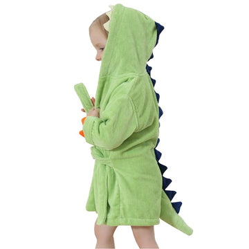 C-Young Kids Bath Robe Toddler Cotton Towel Animal Dinosaur Hooded Bathrobe, Green, S Size For 1-3 Ages Baby
