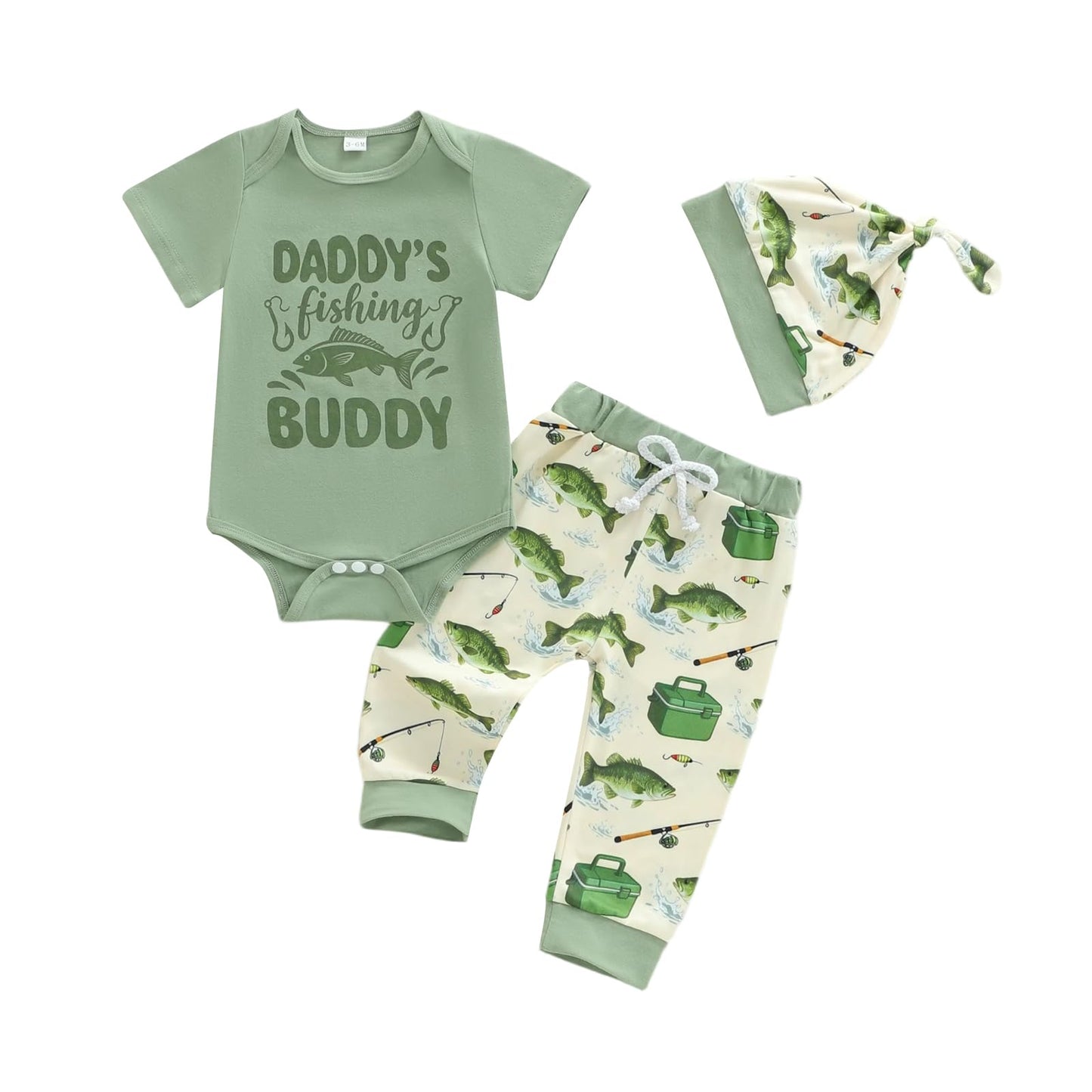 GOOCHEER Newborn Baby Boy Clothes Fishing Short Sleeve Romper Shirt Tops Pants Hat Summer Spring Outfits Set (Light Green, 0-3 M