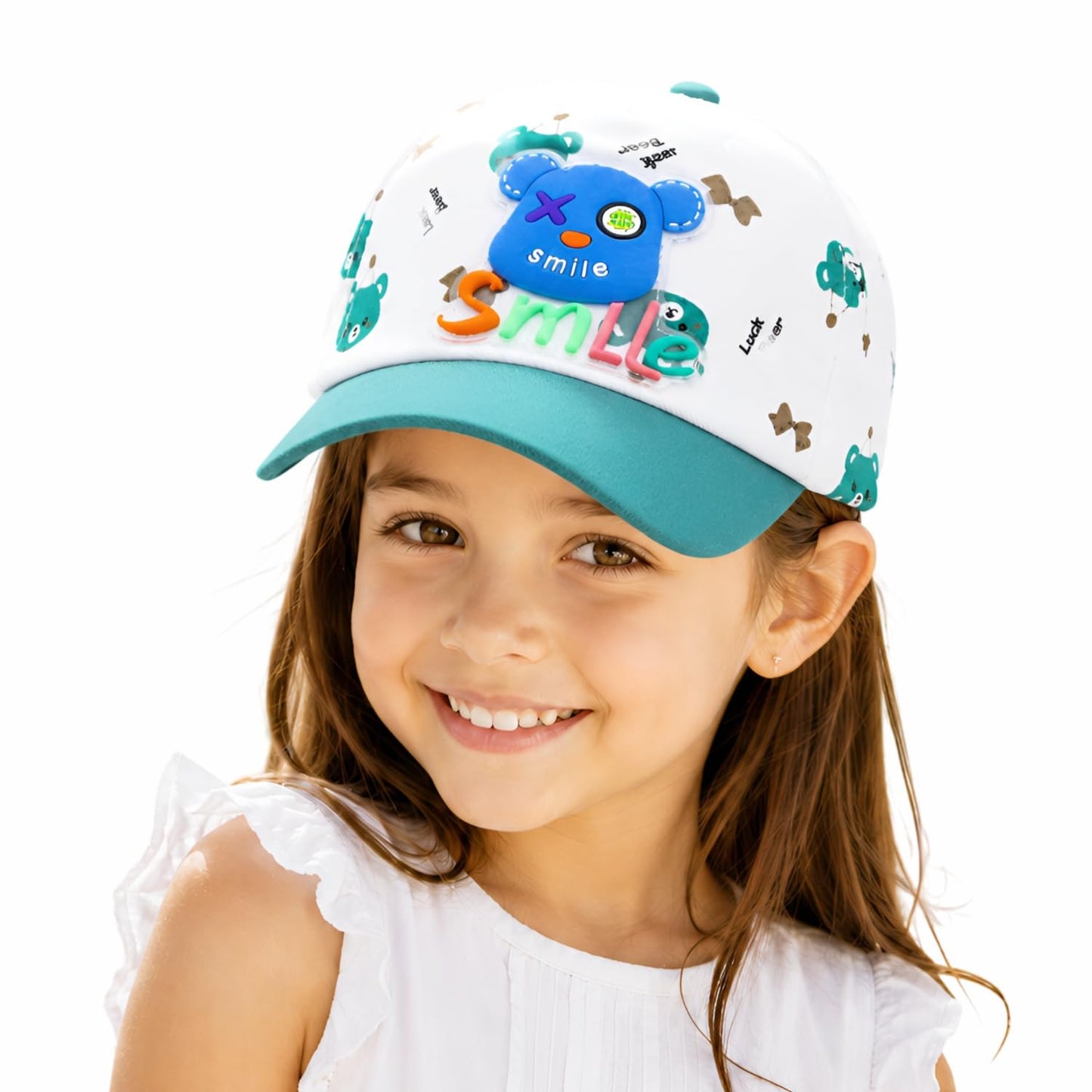 Mhax Cute Smile Bear Kids Baseball Cartoon Printed Adjustable Cap For Boys & Girls Lightweight Sun Protection Hat Sea Green