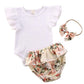 Newborn Baby Girls Cotton Short Sleeve Ruffle Bodysuit And Floral Shorts Headband Outfit Summer Clothes Set (3-6 Months, White+B