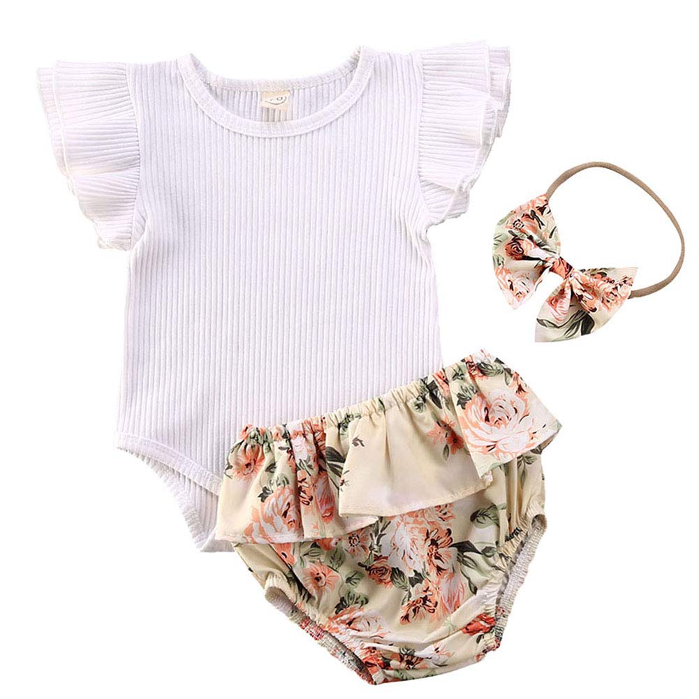 Newborn Baby Girls Cotton Short Sleeve Ruffle Bodysuit And Floral Shorts Headband Outfit Summer Clothes Set (3-6 Months, White+B