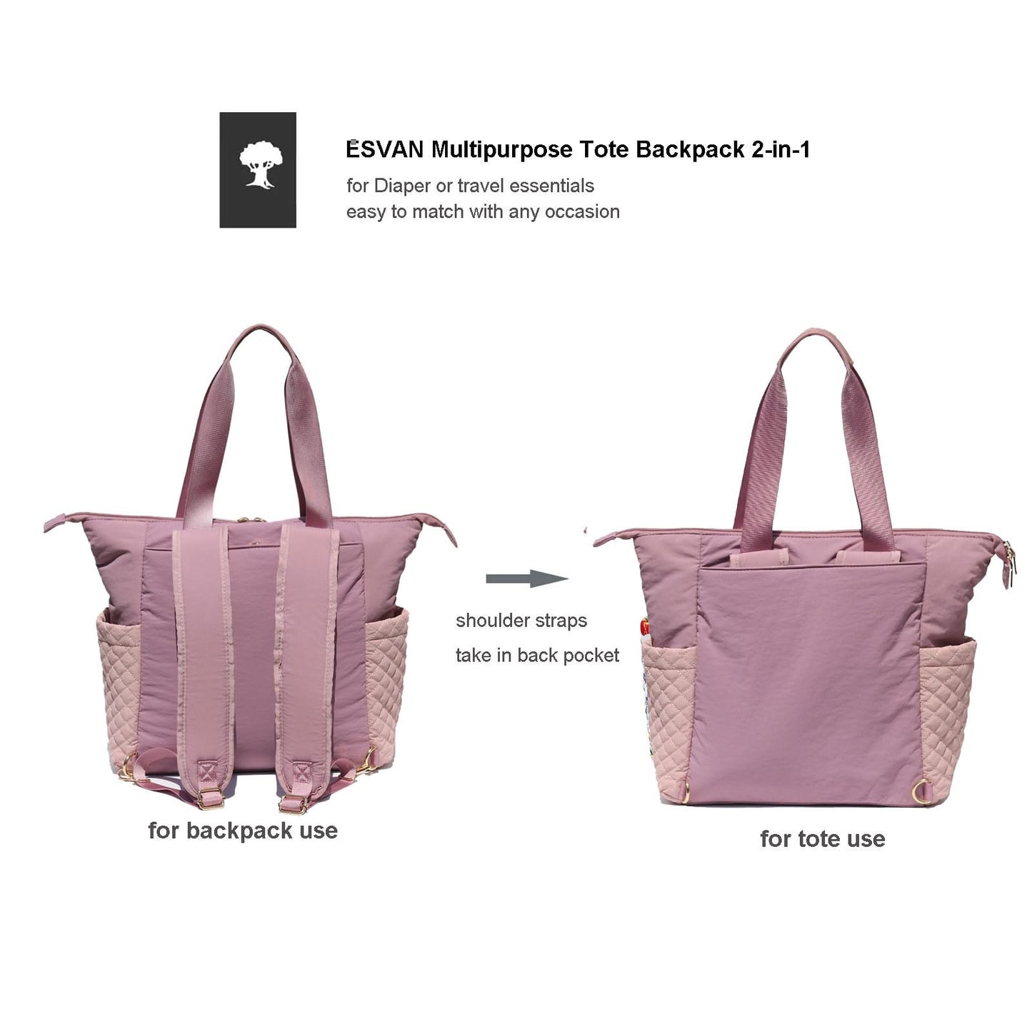 Esvan Diaper Tote Bag Totepack Backpack 2 In 1 For Women Multifunctional Large Capacity With Insulated Pockets Travel (Pink Purp