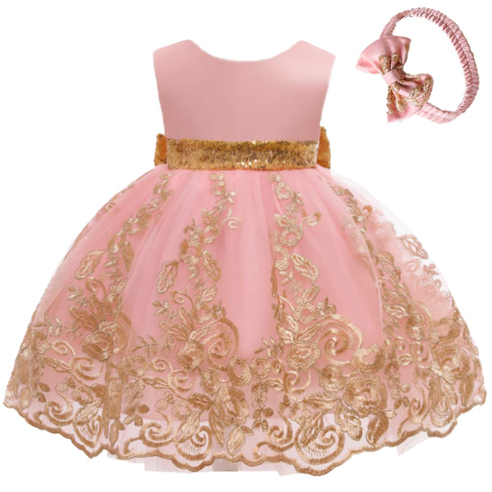 Baby Girls Embroidery Lace Dresses Toddler Ruffles Infant Easter Tutu Birthday Dress With Headwear (Pink,70)