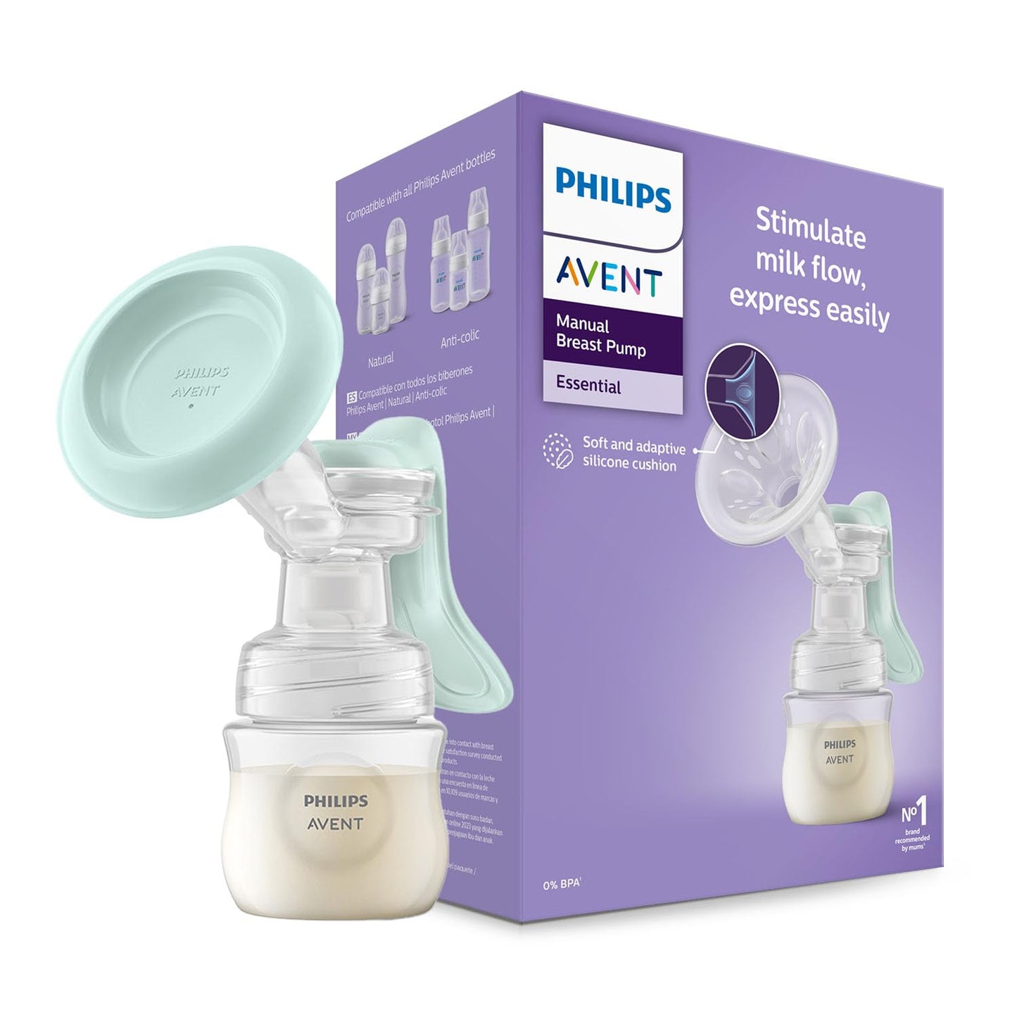 Philips Avent Essential Manual Breast Pump Scf417/11 | Easy Silicone Massage Cushion & Ergonomic Handle, Soft & Gentle, Bpa Free