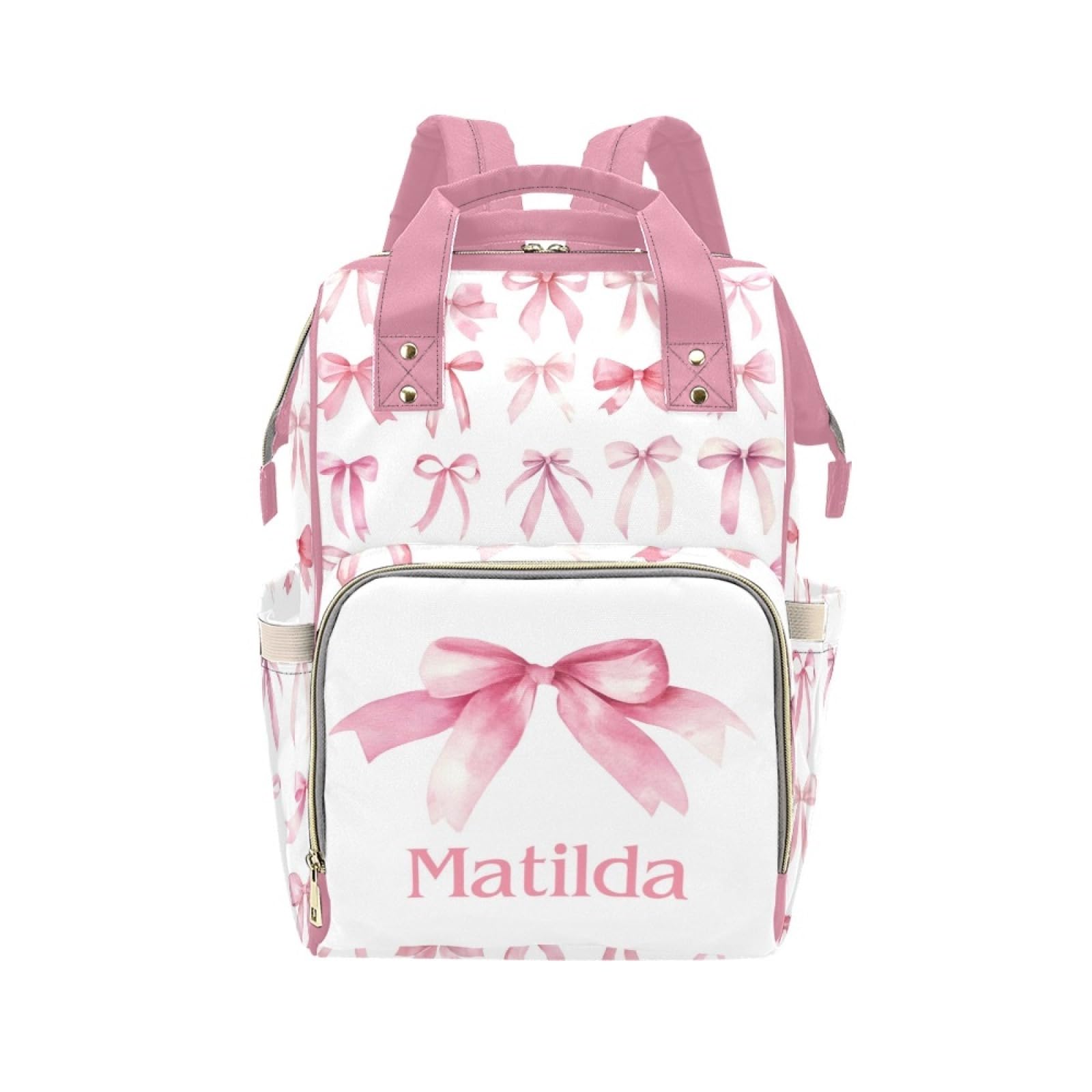 Workvalor Personalized Pink Bow Diaper Baby Bag Backpack with Name - Custom Baby Travel Tote for Mom or Dad, Nursing Bag for Gir