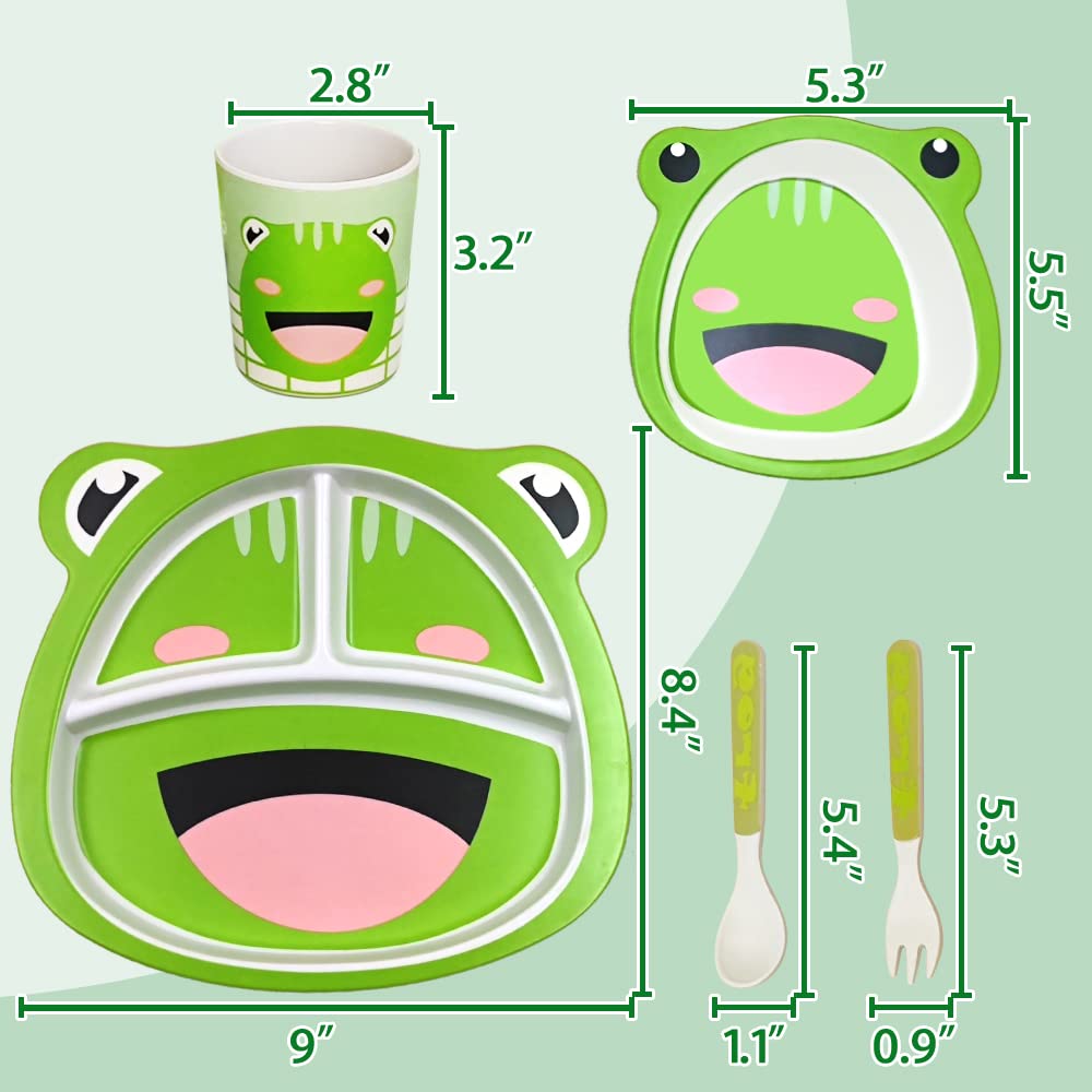 Bamboo Kid Divided Plates And Bowls Sets, 5Pcs Toddler Plates And Utensils Set Kids Dinnerware Set Children Divided Plate Toddle