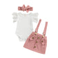 Infant Girls Summer 3Pcs Outfit Sets Ruffle Short Sleeve Ribbed Romper + Suspender Skirt + Headband (A-Pink, 0-3 Months)