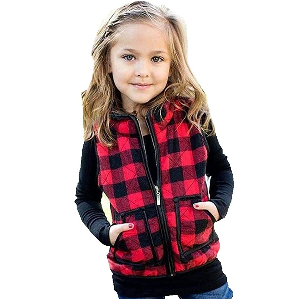 Xfglck Toddler Kids Baby Girls Vest Coat Plaid Zipper Jacket Christmas Outfits Sleeveless Fall Winter Outwear With Pocket (Red,