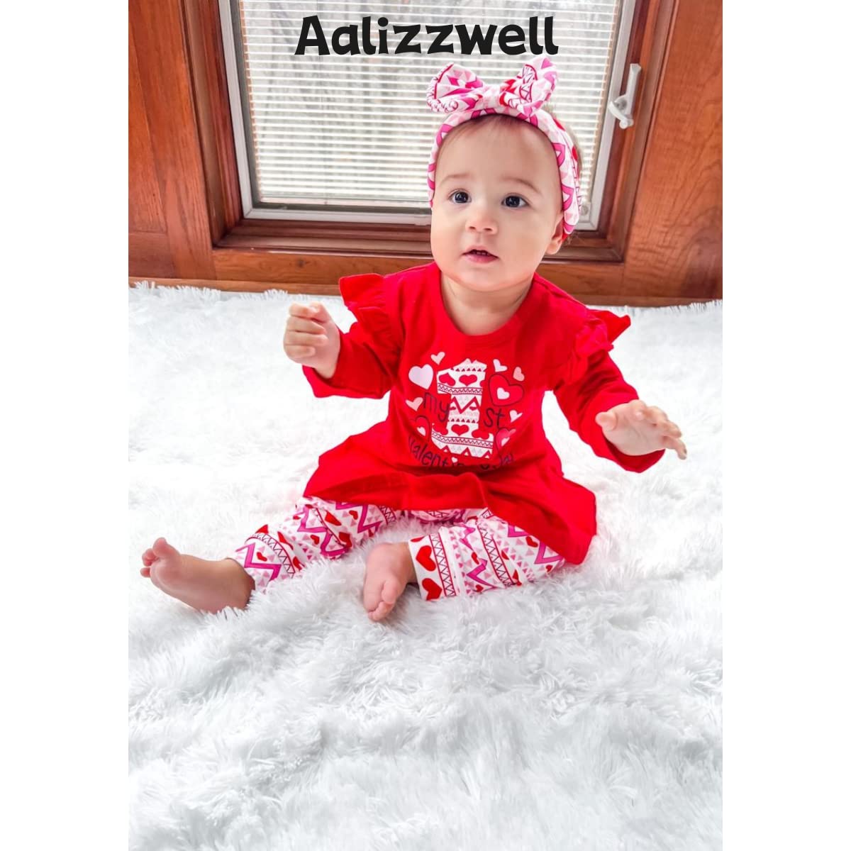 Aalizzwell 6-12 Months Baby Girl Valentines Day Clothes Infant Girls First Valentines Day Outfit My Tunic Clothing Set Heart Red