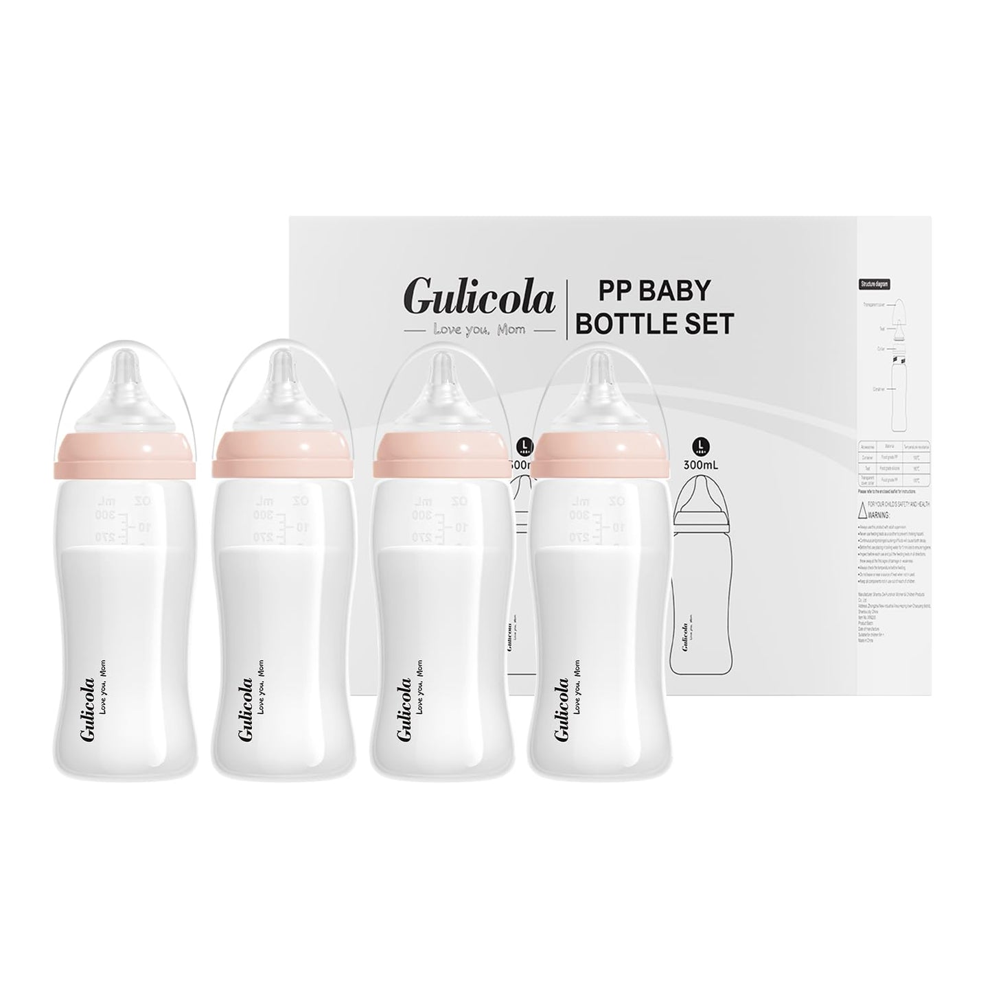 Gulicola PP Baby Bottles for Breastfed Babies, Fast Flow Nipples (L), 6 Months Plus, Wide Neck, BPA Free, 10 oz & 4 Pack - Pink