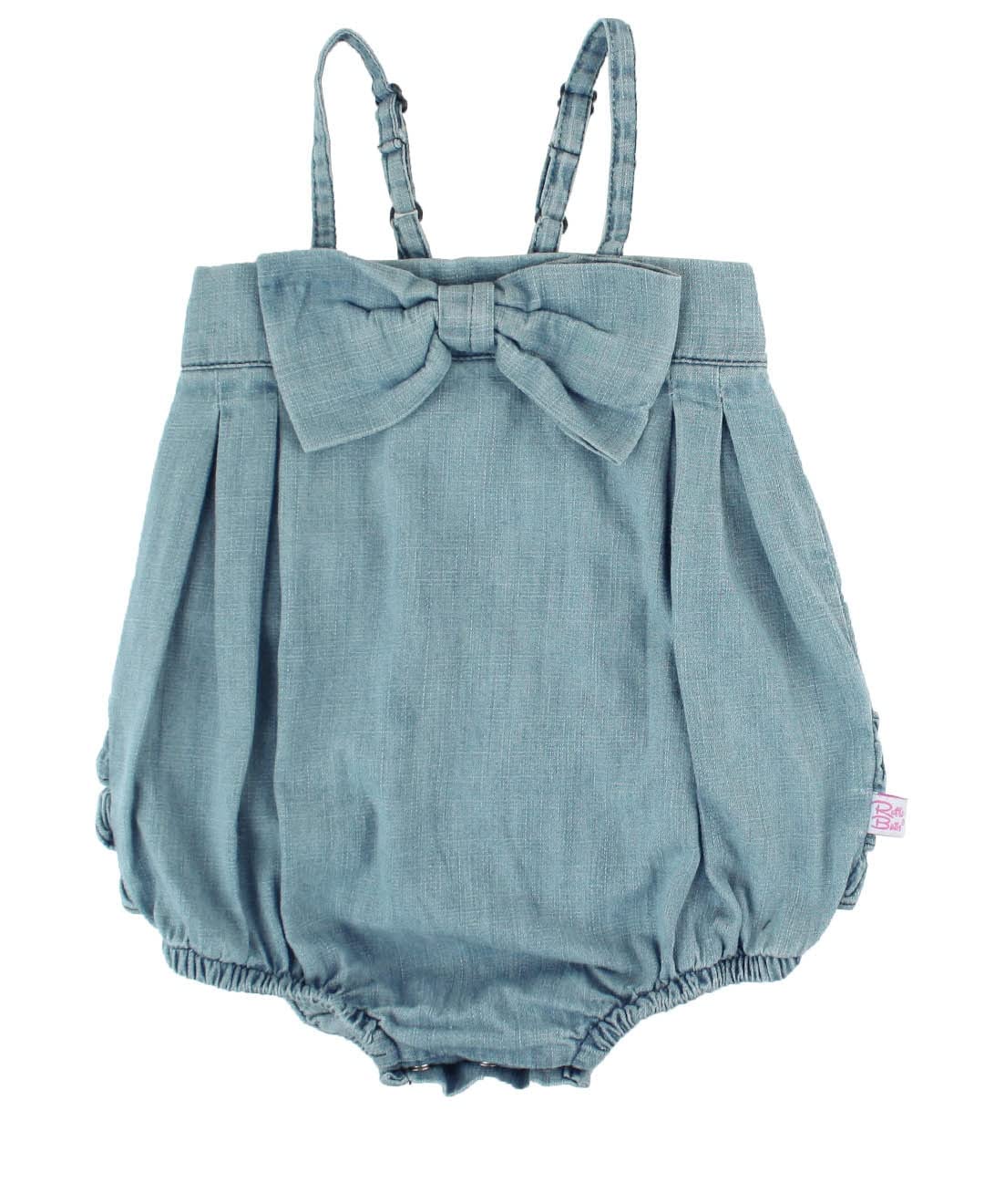 Rufflebutts Baby/Toddler Girls Light Wash Denim Bow-Front Bubble Romper - 18-24M