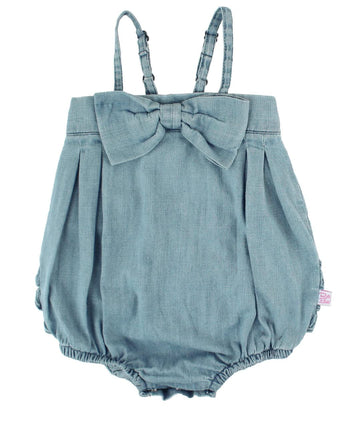 Rufflebutts Baby/Toddler Girls Light Wash Denim Bow-Front Bubble Romper - 18-24M