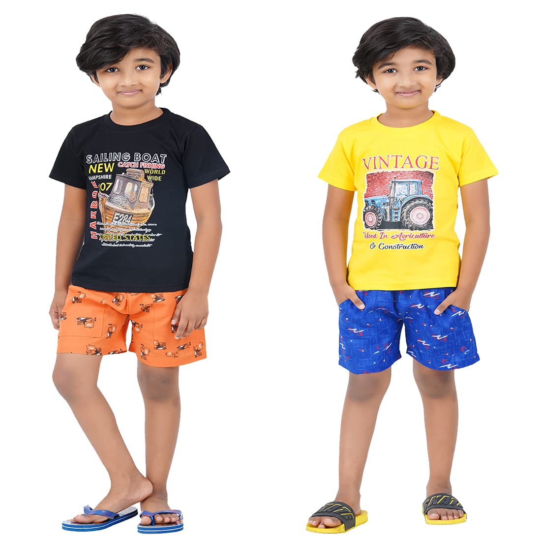 DELEDA Graphic Printed Nightwear Boys&Girls Set Pack of 2 (Black,Yellow, 34 Years)