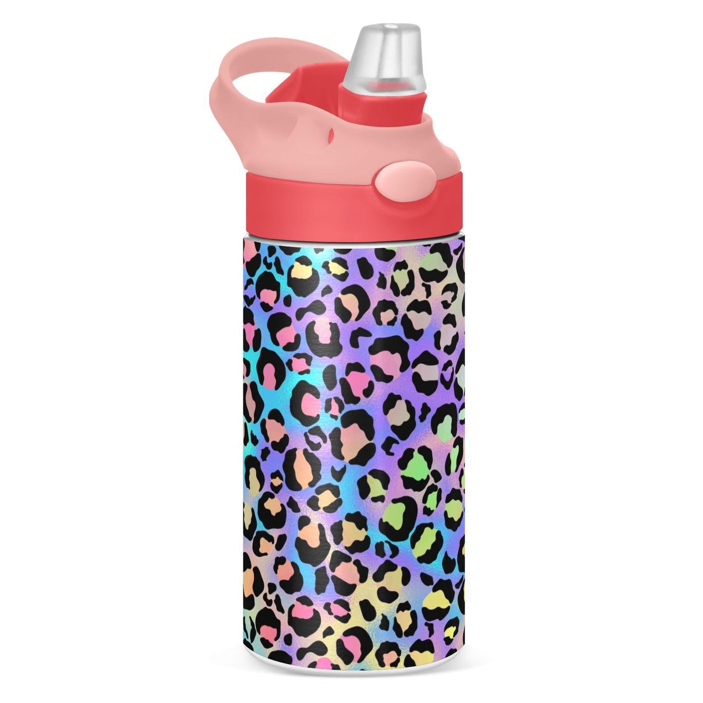 Purple Cheetah Kids Water Bottle with Straw and Carry Handle Leopard Vacuum Insulated Stainless Steel Bottles Leak-Proof for Boy