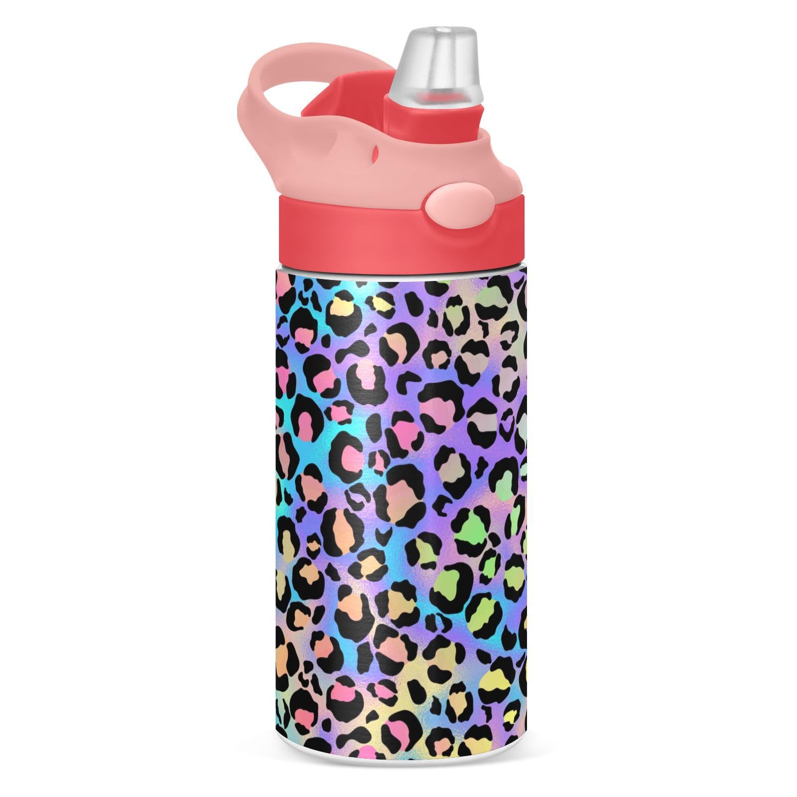 Purple Cheetah Kids Water Bottle with Straw and Carry Handle Leopard Vacuum Insulated Stainless Steel Bottles Leak-Proof for Boy