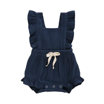 Younger Tree Toddler Baby Girl Ruffled Sleeveless Romper Casual Summer Jumpsuit Cotton Linen Clothes (Blue, 0-3 Months)