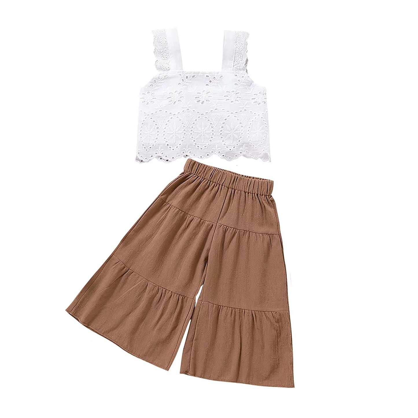 VISGOGO Kids Baby Girls Summer Outfit Solid Color Sleeveless Lace Toddler Tank Tops Bell-bottom Wide Leg Pants Set (Brown, 3-4T)