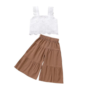 VISGOGO Kids Baby Girls Summer Outfit Solid Color Sleeveless Lace Toddler Tank Tops Bell-bottom Wide Leg Pants Set (Brown, 3-4T)