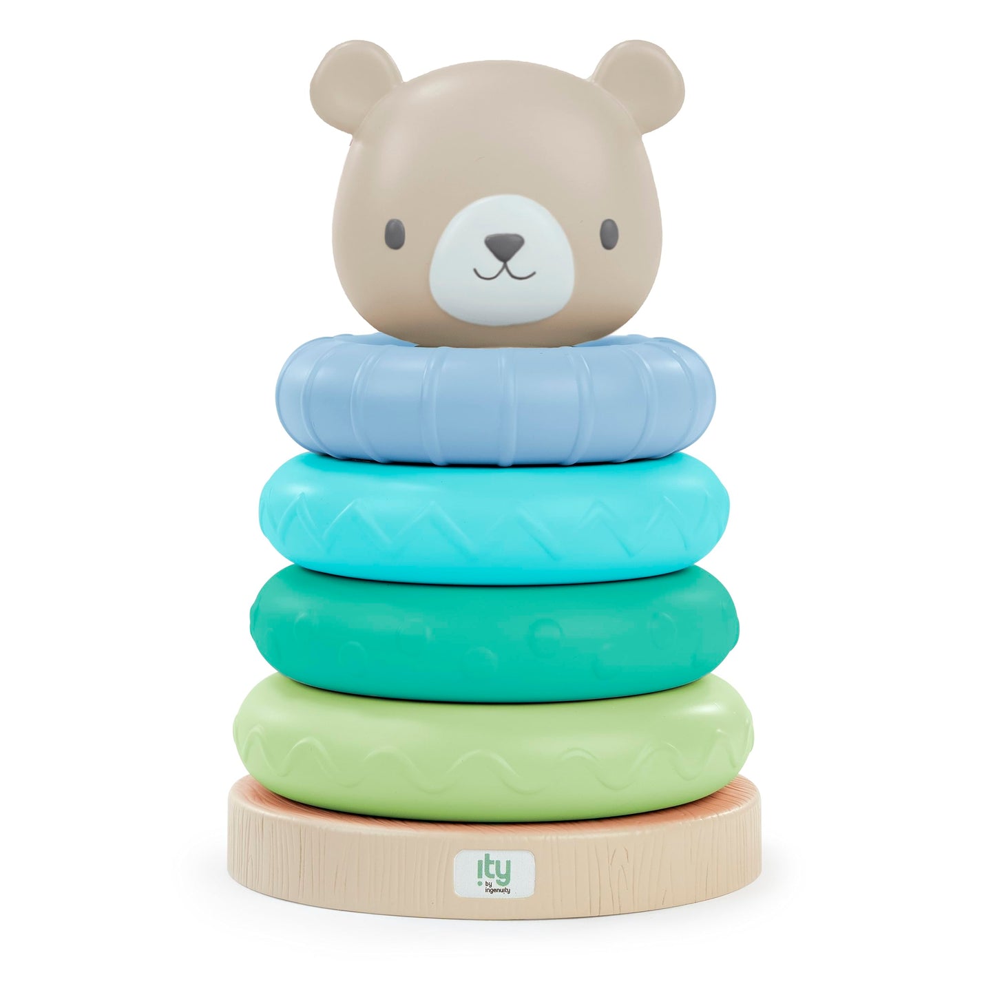 Ingenuity: ity by Ingenuity Cutie Stacks, 4 BPA-Free Rings, Faux Wood Stand, Bear Topper, Unisex, for Ages 6 Months and Up - Nat