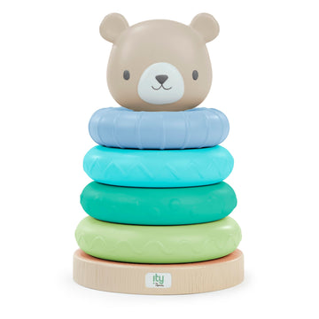 Ingenuity: ity by Ingenuity Cutie Stacks, 4 BPA-Free Rings, Faux Wood Stand, Bear Topper, Unisex, for Ages 6 Months and Up - Nat