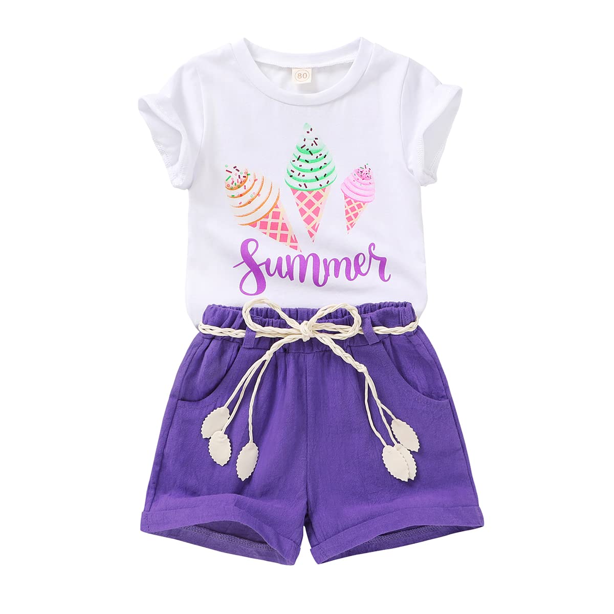 Younger Tree Toddler Baby Girl Summer Clothes Ice Cream Printed T-Shirt Purple Shorts With Belt Little Girls Casual Outfit Cloth