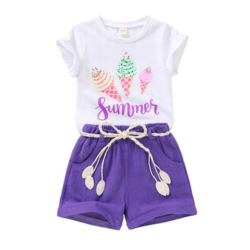 Younger Tree Toddler Baby Girl Summer Clothes Ice Cream Printed T-Shirt Purple Shorts With Belt Little Girls Casual Outfit Cloth