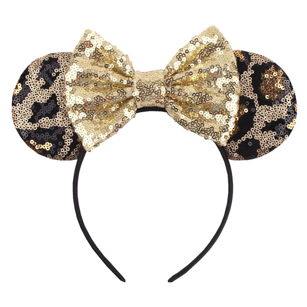 Foeran Mouse Ears Headbands Shiny Bows Mouse Ears Glitter Party Princess Decoration Cosplay Costume For Girls Women (Leopard/Gol