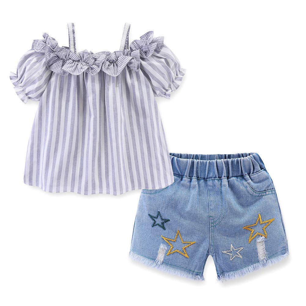 Mud Kingdom Toddler Girls Outfits Off Shoulder Shirt And Shorts Blue Stripe 4T – WBBAPB07Q98GDMV